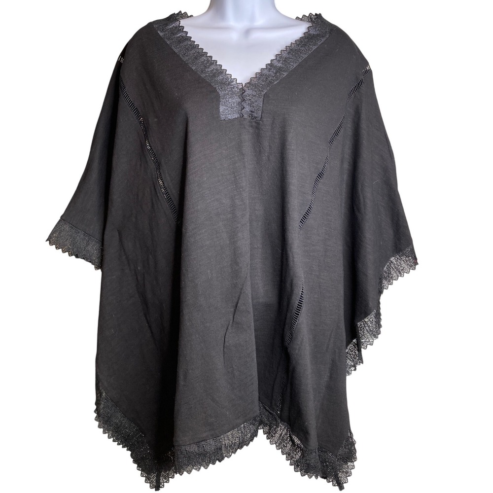 Suzanne Betro Womens Black Lace Trim Poncho Top Sz 1X Flowy Capsule‎ Boho Gypsy
